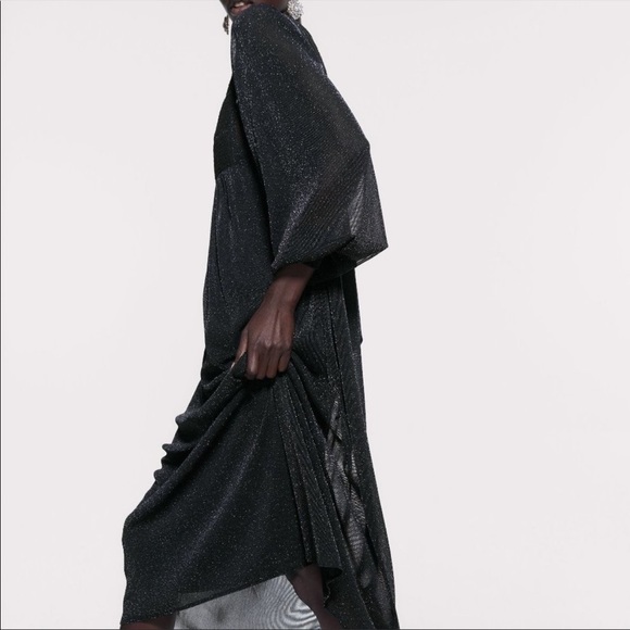 ZARA BLACK SILVER METALLIC SMOCKED DRESS SIZE L - Picture 7 of 8